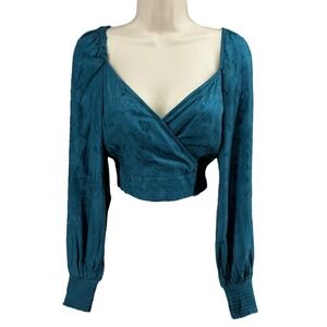 Band of the Free Deep Teal Jacquard Faux Wrap Tie Back Crop Top NWT S